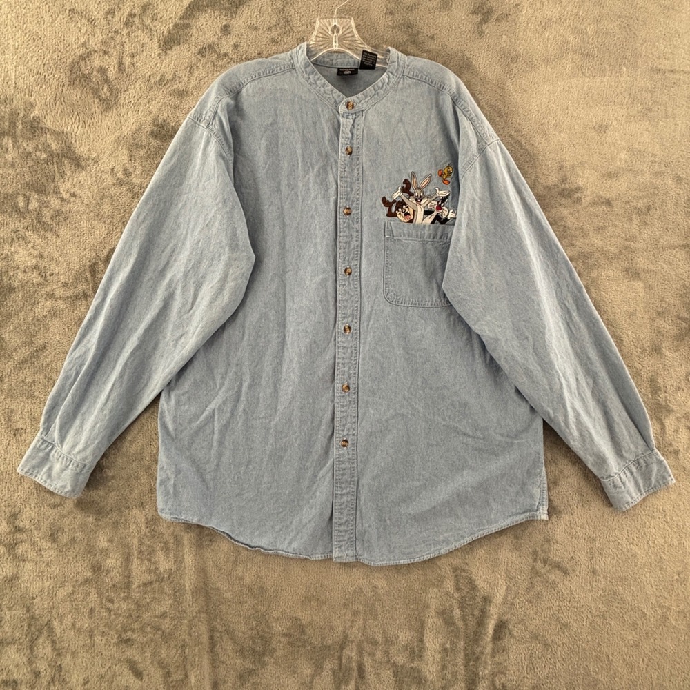 Vintage Looney Tunes‎ Denim Shirt XL Blue Band Collar Embroidered Warner Bros